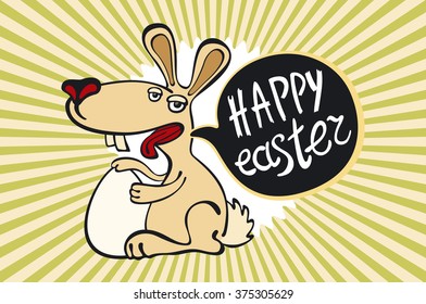 Vintage happy easter card, cute bunny and hand drawn wreath art