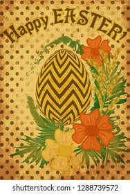 Vintage Happy Easter card with flowers and wheat ears, vector illustration