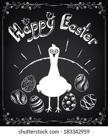Vintage Happy Easter card with hen and eggs. Chalking, freehand drawing