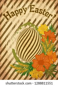 Vintage Happy Easter floral card with egg and wheat ears, vector illustration