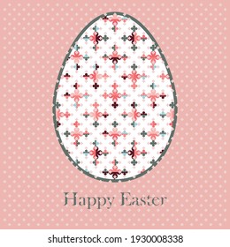Vintage Happy Easter greeting card with an egg illustration with big and small clovers for luck. Colourful Vector geometric design. 