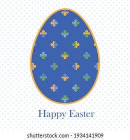 Vintage Happy Easter greeting card with a blue egg illustration with colourful clovers on white background for luck. Abstract Vector geometric design. 