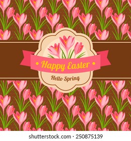 Vintage Happy Easter Greeting Card Design. Vector Illustration. Seamless Pattern with Pink Crocuses on Polka Dots Chocolate Background.