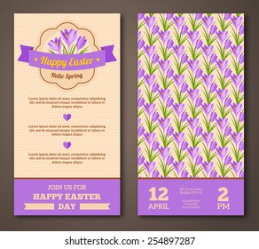 Vintage Happy Easter Greeting Card Design with crocuses. Vector Illustration. 