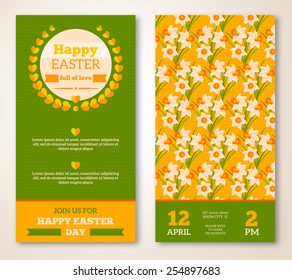 Vintage Happy Easter Greeting Card Design. Vector Illustration. Retro Banners with Floral Pattern.