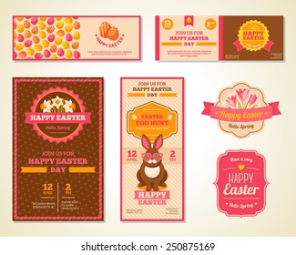 Vintage Happy Easter Greeting Cards Design. Vector Illustration. Retro Banners or Flyers with Patterns.  Rabbit with Hipster Glasses. Crocuses and Daffodils Frame Composition with Ribbon.