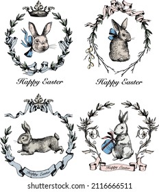 Vintage Happy Easter hand drawn vector set.  Royal Easter rabbits illustrations.  Retro vignettes in sketch style.  Little Easter rabbits with crown, bows and presents. Easter ornaments, willows