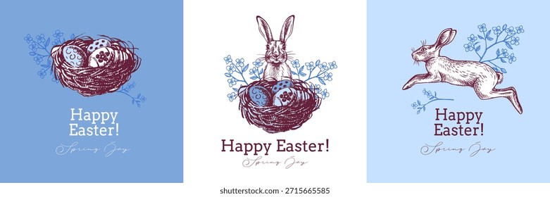 Vintage Happy Easter hand drawn banner set. Spring greeting cards and elegant invitation design. Retro sketch vector illustration. Stickers collage elements