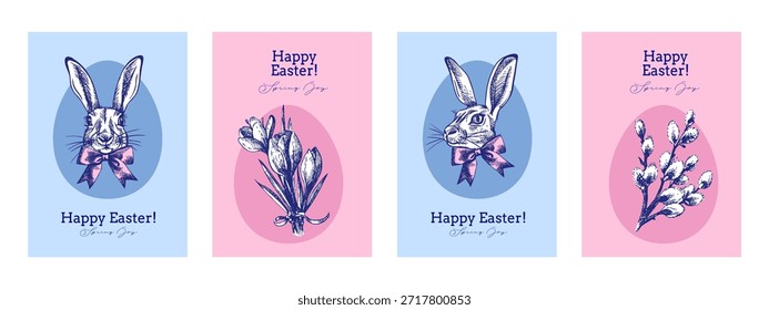 Vintage Happy Easter hand drawn banner set. Spring greeting cards and invitation design. Retro sketch vector illustration. Sticker collage elements