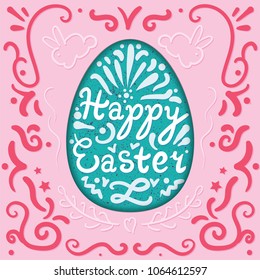 Vintage Happy Easter lettering in egg with rabbits. Vector