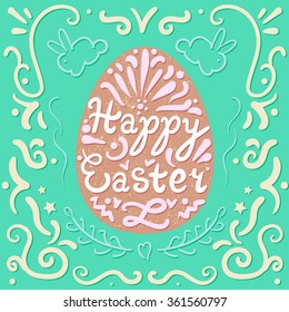 Vintage Happy Easter lettering in egg with rabbits. Pasch cookie. Vector