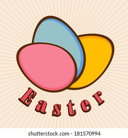 Vintage Happy Easter poster, banner or flyer design with colorful eggs on rays background. 