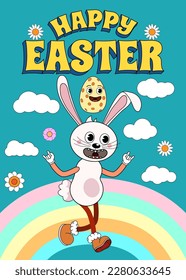 Vintage Happy Easter poster Trendy Easter Groovy 1970 style with bunny, flowers, egg, rainbow