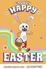 Vintage Happy Easter poster Trendy Easter Groovy 1970 style with bunny, flowers, egg, rainbow