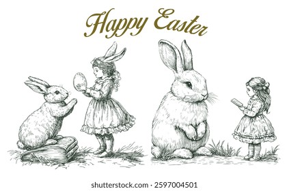 Vintage Happy Easter Rabbit, Egg and Little Girl Fairytale Vector Art in Rustic Style Greeting card, website banner or poster with cute Easter bunny