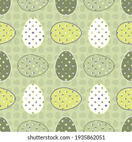 Vintage Happy Easter seasonal background with green and white eggs and colourful clovers for luck. Abstract seamless Vector geometric design for wrapping paper and posters. 
