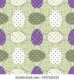 Vintage Happy Easter seasonal background with green, purple and white eggs decorated with four-leaf clovers. Abstract seamless Vector geometric design for wrapping paper and posters. 
