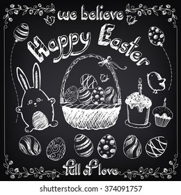 Vintage Happy Easter set with cute rabbit and eggs. Easter cakes. Floral background. Easter basket with eggs. Collection of easter's symbols. Freehand drawing with imitation of chalk sketch 