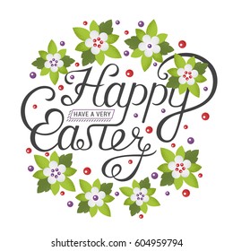 Vintage happy easter typographic quotes. Vector illustration. Template vector card with flowers. Floral paints. Lettering and calligraphy.