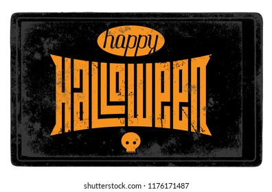 Vintage Happy Halloween card with skull and original lettering. Vector.