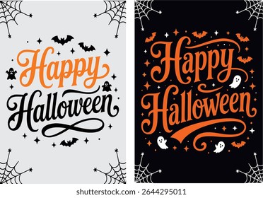 Vintage Happy Halloween Typography Design with Bats, Ghosts, and Webs on Light and Dark Backgrounds