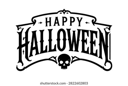 Vintage Happy Halloween typography featuring a gothic decorative frame and skull icon. Perfect for Halloween party invitations, greeting cards, posters, merchandise, and seasonal branding designs.