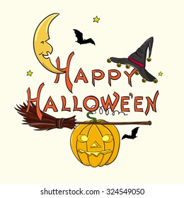 Vintage Happy Halloween vector typography poster. Hand drawn Lettering, Jack-o-lantern, Crescent, Hat, Witch Broom & Flying Vampire Bat illustrations. Postcard, T-shirt, textile & banner design.