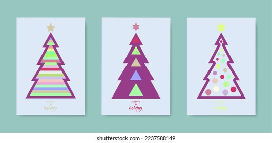 Vintage Happy Holiday covers. Christmas tree set card. Design templates with typography, season wishes in modern minimalist style for web, social media, print. Pastel colors on vintage background
