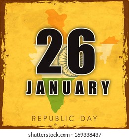 Vintage Happy Indian Republic Day poster, banner or flyer with stylish text on grungy yellow background. 