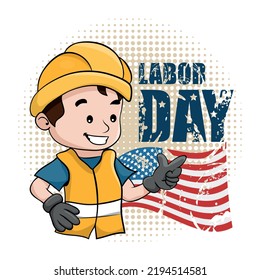 Vintage happy labor day card with united states flag with catoon worker with his safety helmet