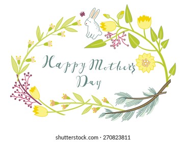 Vintage Happy Mothers's Day floral Background. Happy Mother's day beautiful wreath greeting card. Sweet retro hipster pastel Happy Mothers Day banner.
