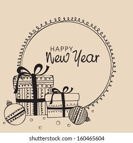 Vintage Happy New Year 2014 celebration background with decorated Xmas balls and gift boxes, greeting card design for Merry Christmas and New Year. 