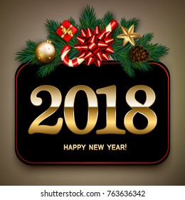 Vintage Happy New Year banner with fir branches, satin bow, candy cane, golden bubble and star. Vector