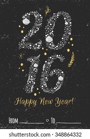 Vintage happy new year gold Typographic 2016 monkey year card and Winter Holiday Elements on  black background. Greeting hand drawn illustration for Xmas.