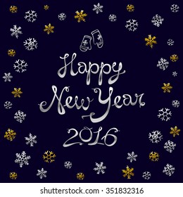 Vintage happy new year gold Typographic 2016 monkey year card and Winter Holiday Elements on  black background. Greeting hand drawn illustration for Xmas. art