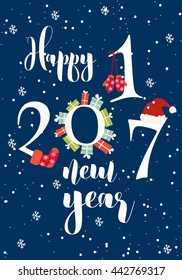Vintage happy new year Typographic Wishes and Winter Holiday Elements on blue background. Greeting hand drawn illustration for Xmas. Template for invitation, flyer, banner, poster, rooster year.