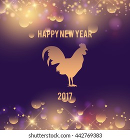 Vintage happy new year Typographic Wishes and Winter Holiday Elements on purple background with rooster. Greeting illustration for Xmas. Template for invitation, flyer, banner, poster, rooster year.