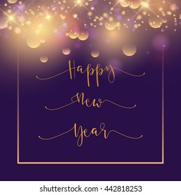 Vintage happy new year Typographic Wishes and Winter Holiday Elements on purple background with rooster. Greeting illustration for Xmas. Template for invitation, flyer, banner, poster, rooster year.