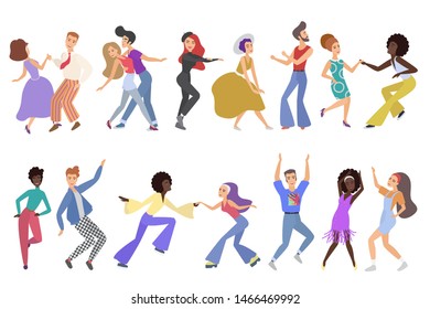 Vintage happy pairs of dancers isolated. Men and women performing dance at competition, club, dance school, studio, party. Male and female cartoon flat characters dancing vector illustration.