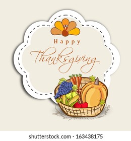Vintage Happy Thanksgiving Day celebration concept with wooden basket with full of fruits and space for your text. 