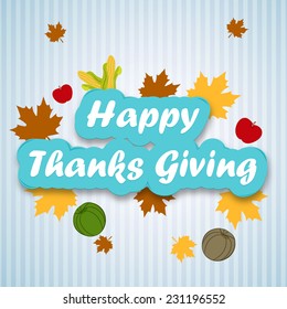 Vintage Happy Thanksgiving Day celebrations greeting card design decorated with pumpkins and maple leaves on linen blue background. 