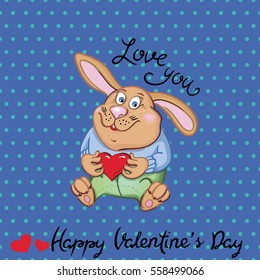 Vintage "Happy Valentine's Day" background with a rabbit keeps a heart, vector illustration with the inscription "Love you"