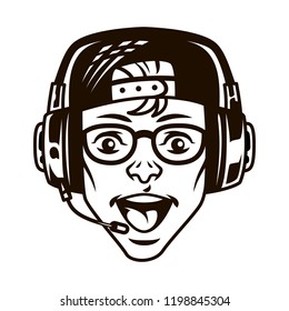 Vintage Happy Young Gamer In Headset In Monochrome Style Isolated Vector Illustration