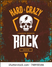 Vintage hard and crazy rock vector t-shirt logo isolated on dark background. Premium quality skull logotype tee-shirt emblem illustration. Street wear legendary music style old retro tee print design.
