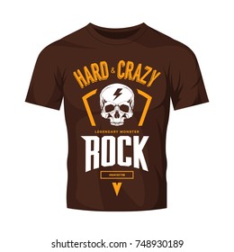 Vintage hard and crazy rock vector logo isolated on dark t-shirt mock up. Premium quality skull logotype tee-shirt emblem illustration. Street wear legendary music style old retro tee print design.