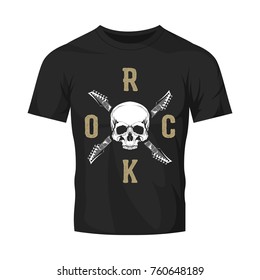Vintage hard rock vector logo isolated on dark t-shirt mock up. Premium quality skull logotype tee-shirt emblem illustration. Street wear legendary music style old retro tee print design.