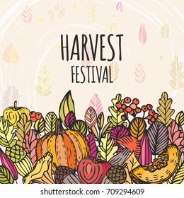 Vintage Harvest Festival Poster. Autumn Background. Hand Drawing Leaves And Fruits, Vector Frame.