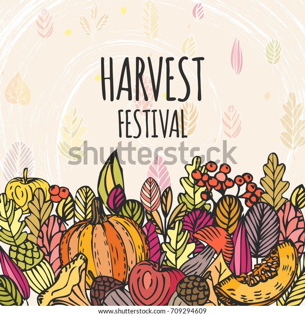 Vintage Harvest Festival Poster.\
Autumn background. Hand drawing leaves and fruits, vector\
frame.