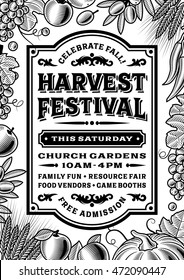 Vintage Harvest Festival Poster Black And White. Editable vector illustration in retro woodcut style with clipping mask.