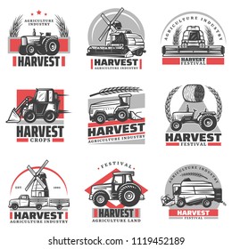 Vintage harvesting emblems set with inscriptions tractors combine harvester loader truck hay bale wheat ears windmill isolated vector illustration